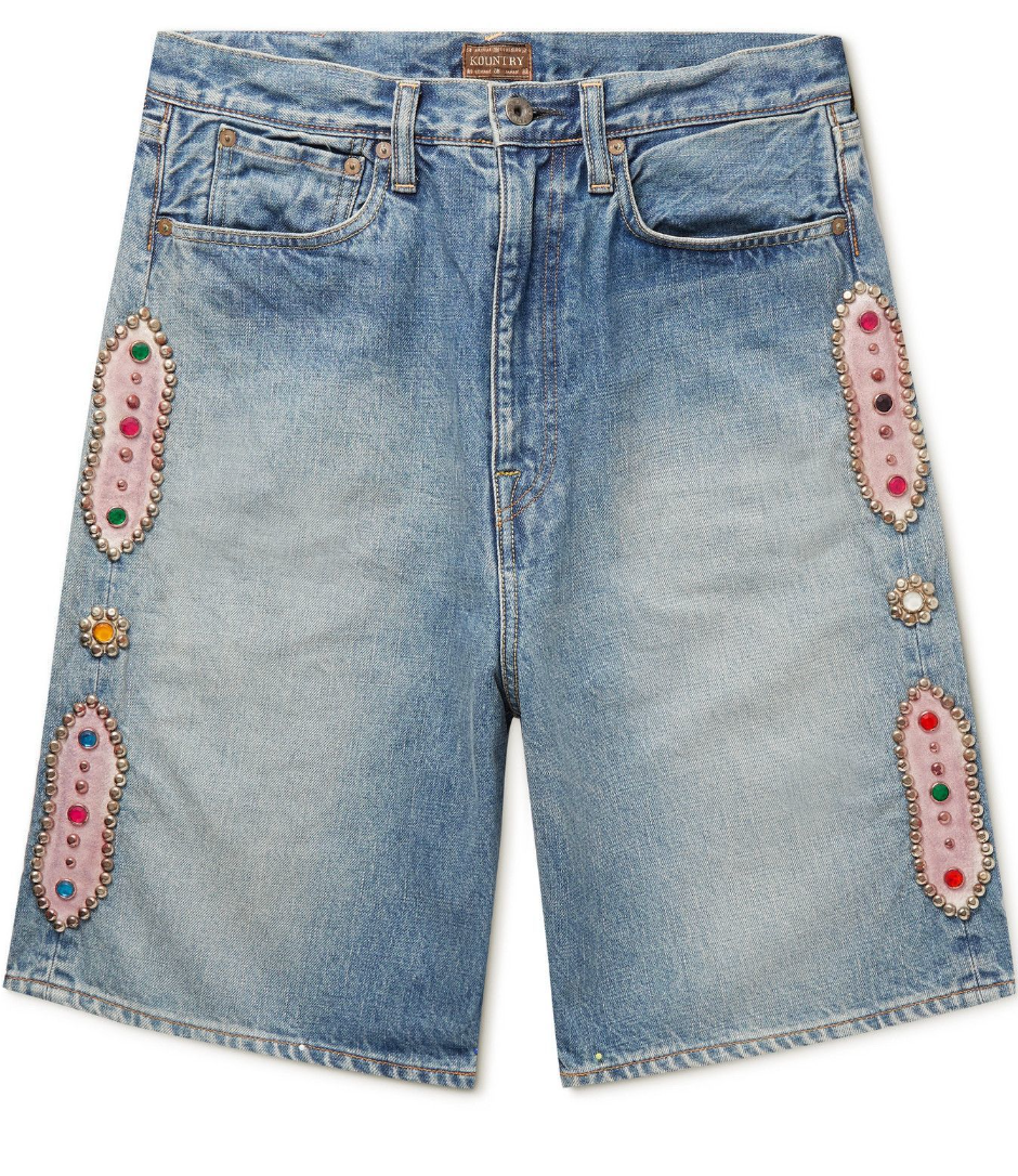 Kapital Wide Leg Embellished Denim Shorts