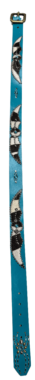 Studded 'Zebra Hair' Spider Gem Teal Leather Belt