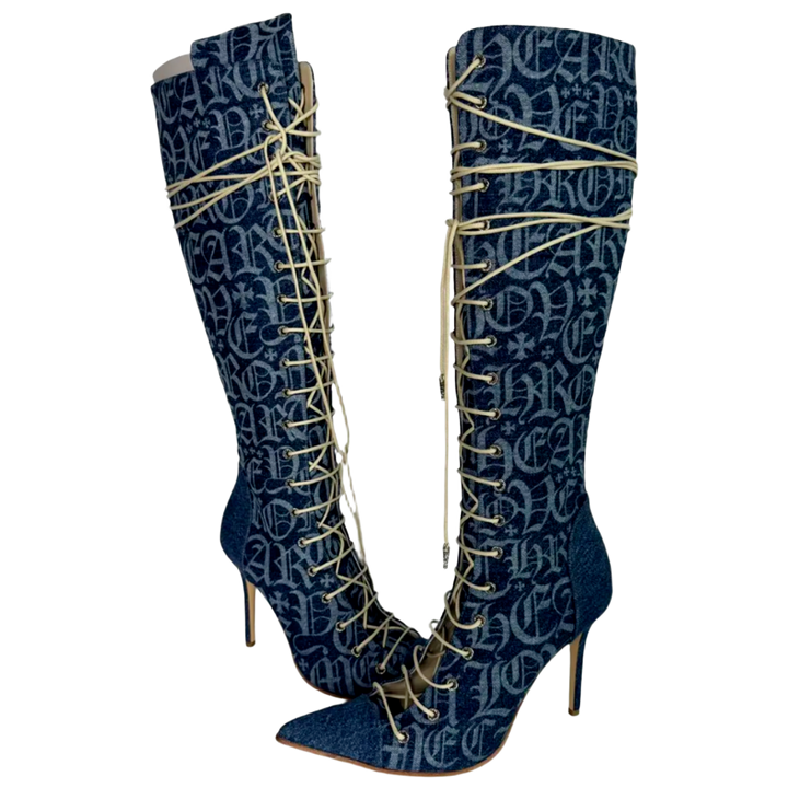 Chrome Hearts 'Denim Monogram' Lace Up Knee Boots