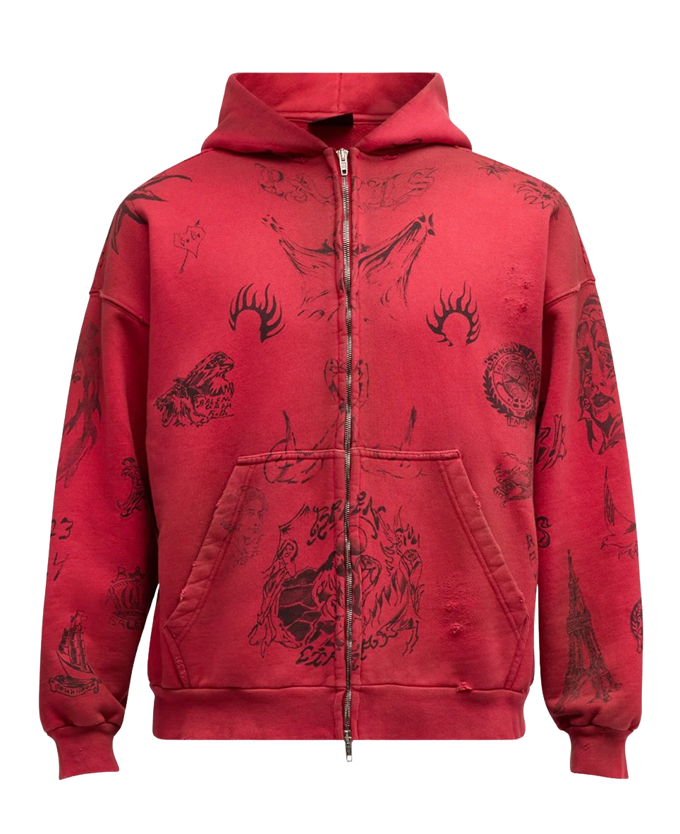 Balenciaga 'Tattoo' Red Zip Up Hoodie