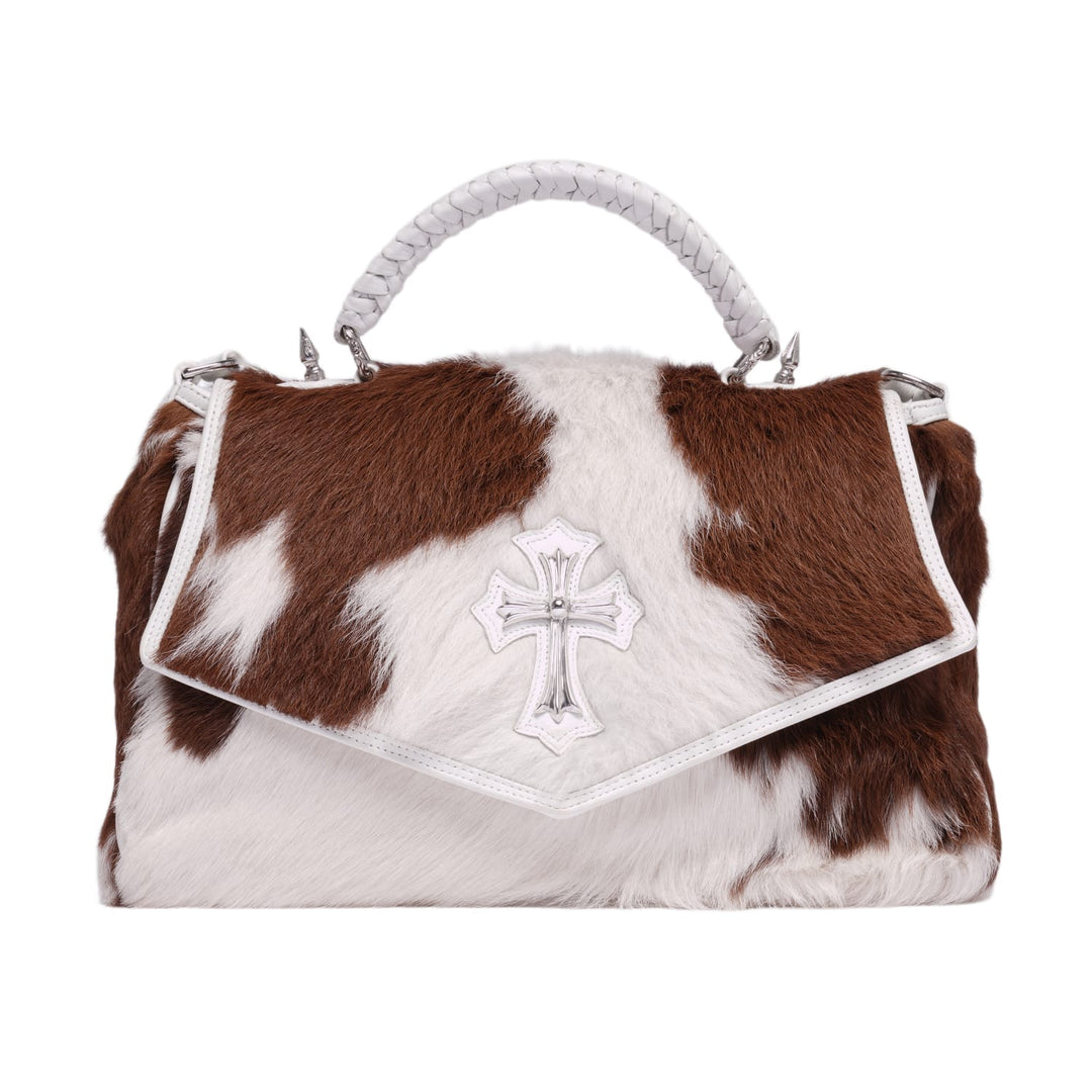 Chrome Hearts 'Brown/White Calf Hair' Silver Cross One Button White Leather Flap Bag
