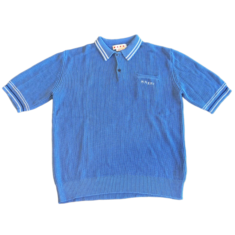 Marni 'Chunky-knit & Hand-embroidered Logo Blue' Polo Pocket Shirt