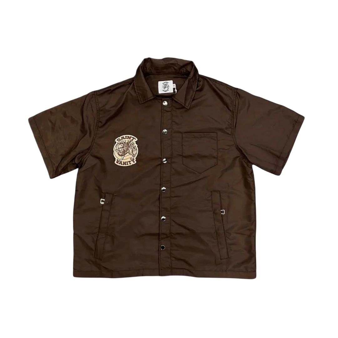 Saint Vanity 'Brown' Nylon Button Up Top with Removable Hood