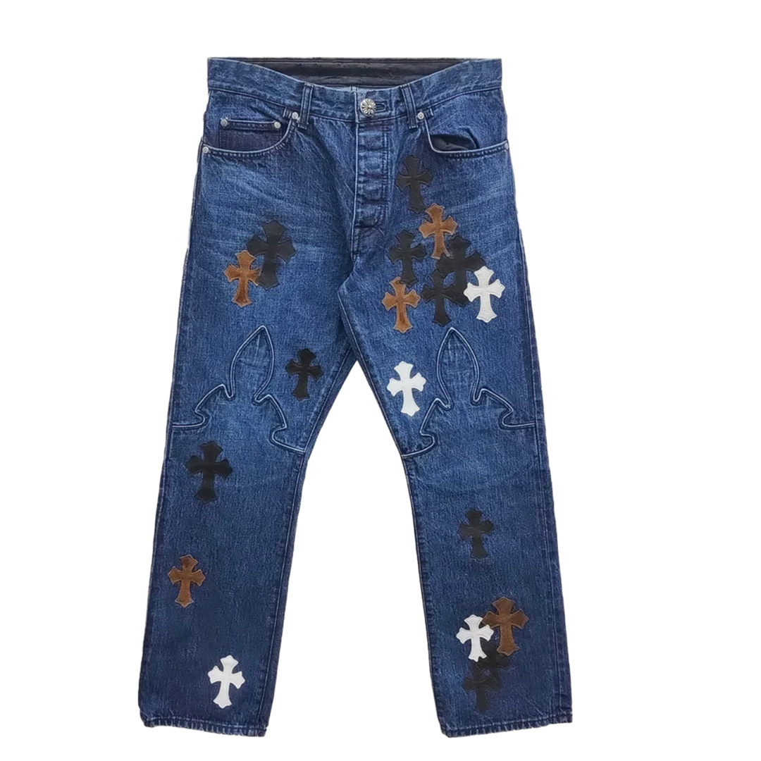 Chrome Hearts Flooded Fleur Knee Black/White/Brown Patch Denim Jeans