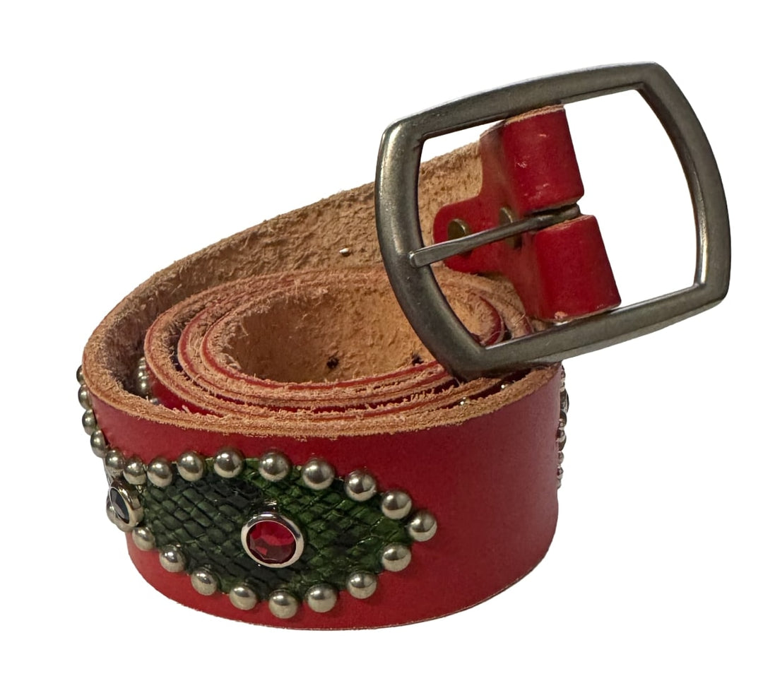 Studded 'Green Snakeskin' Red Belt
