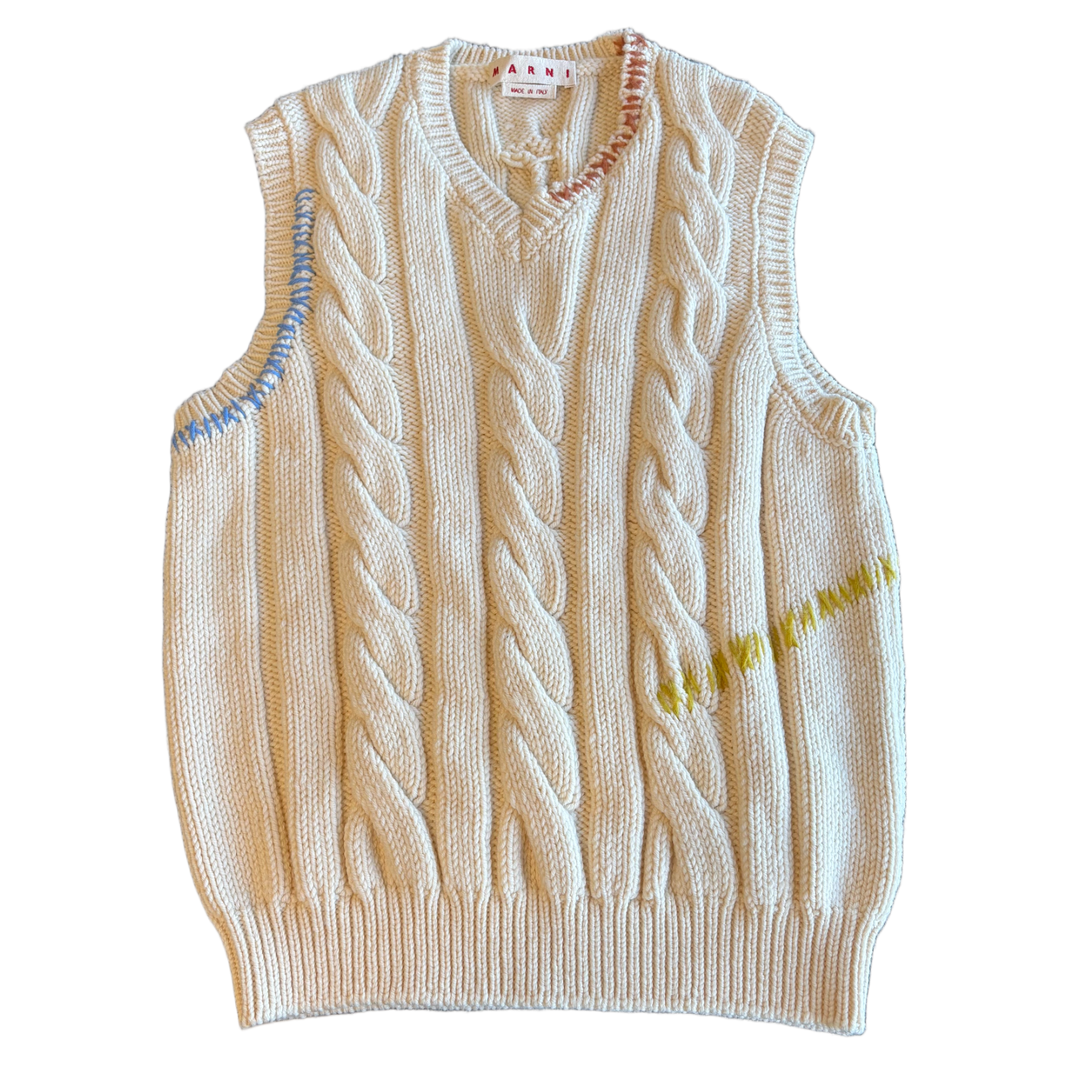 Marni 'Sleeveless Cable-Knit Natural White' V-Neck Sweater Vest