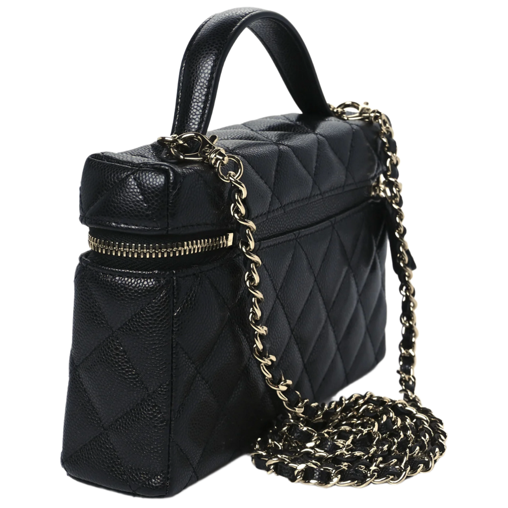 Chanel 'Black' Caviar Quilted Top Handle Slim Vanity With Chain