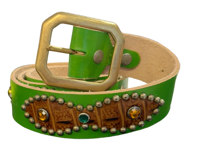 Studded 'Brown Alligator Green Gem Sun' Green Belt