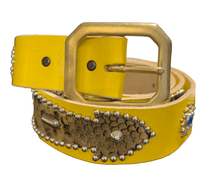 Studded 'Brown Snakeskin Arrow Sun Gem' Yellow Belt