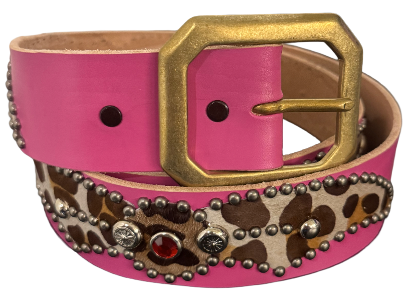 Studded 'Leopard Fur Print' Spider Gem Pink Belt