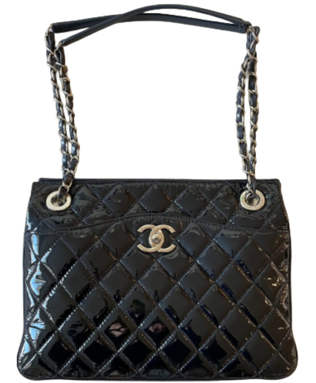 Chanel Quilted Patent Accordion Three Slit Shoulder Tote Bag