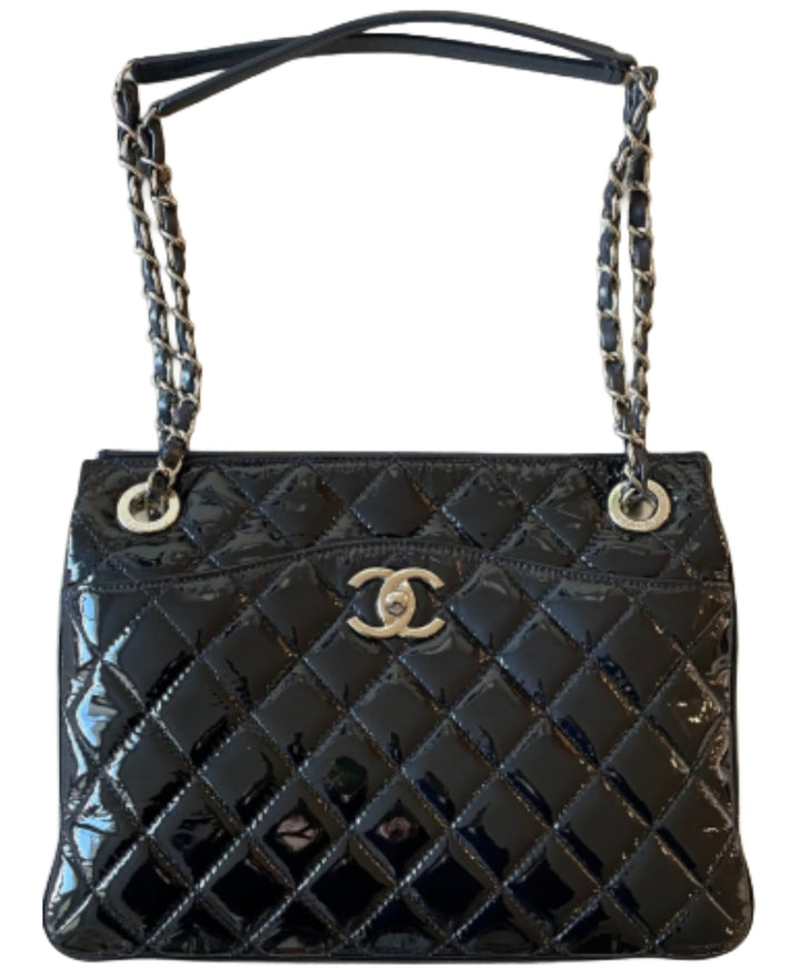Chanel Quilted Patent Accordion Three Slit Shoulder Tote Bag