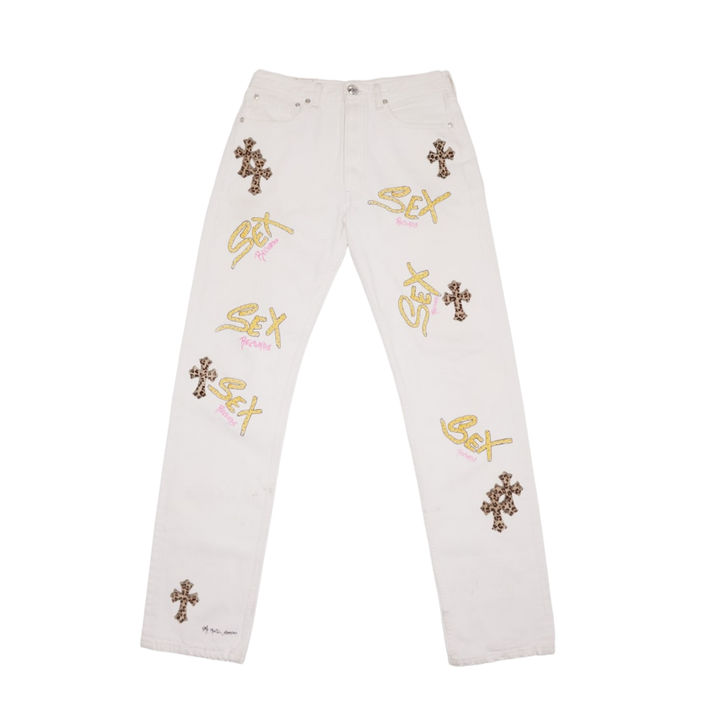 Chrome Hearts Matty Boy 'Sex Records Cheetah Patch' Levi 501 White Jeans