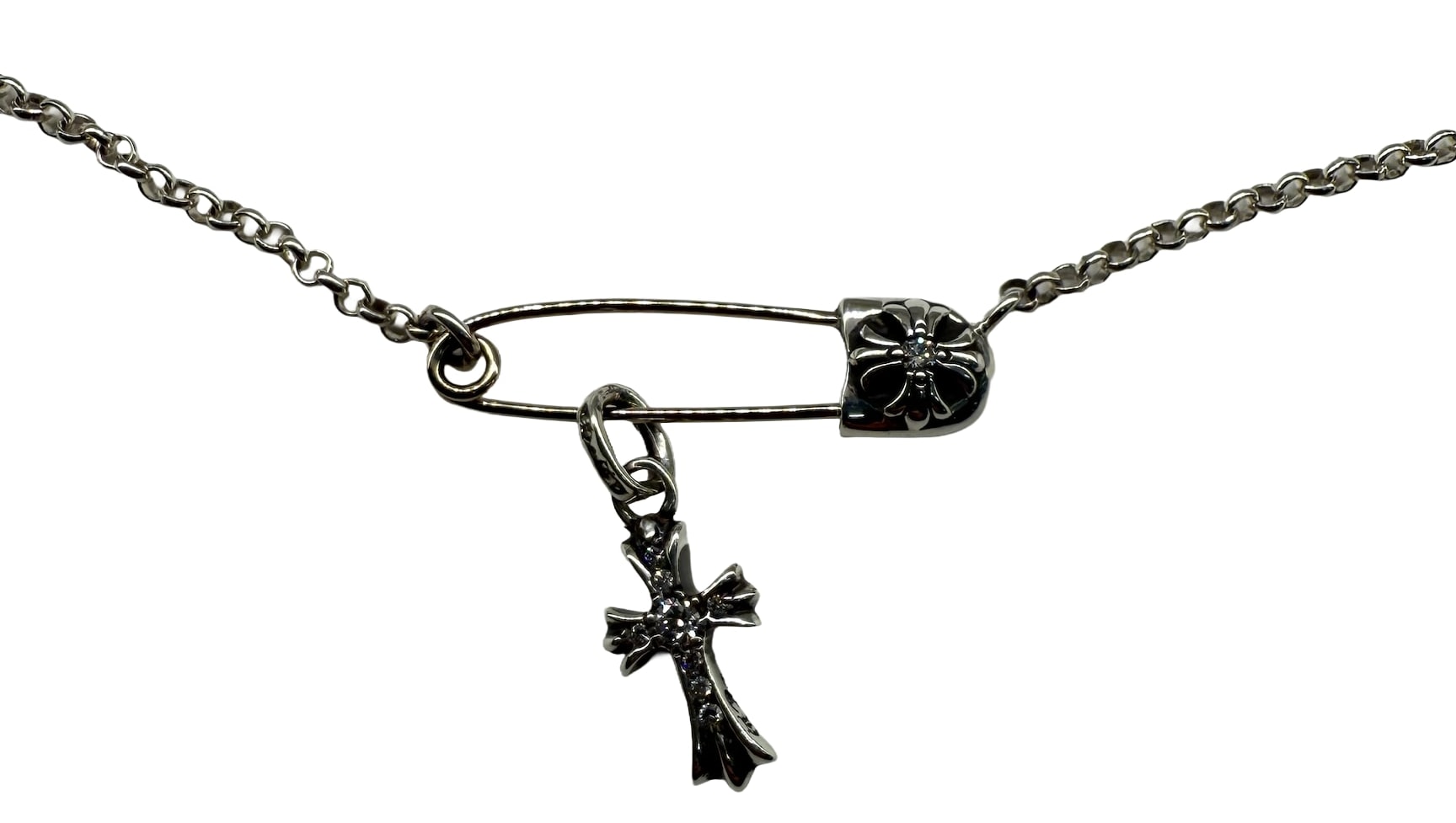 Chrome Hearts Silver 'Safety Pin and Diamond Cross' 15.5in Chain