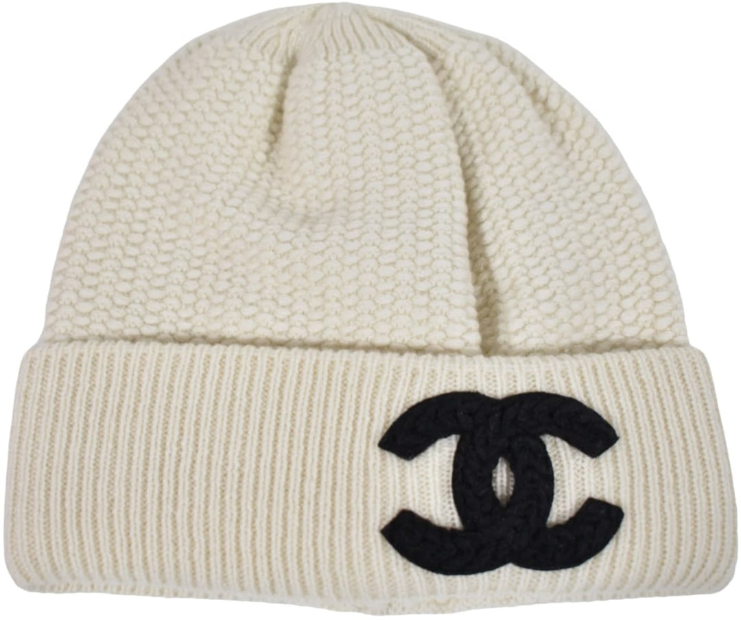 Chanel 'Cream' Cashmere Wool CC Logo Knit Beanie