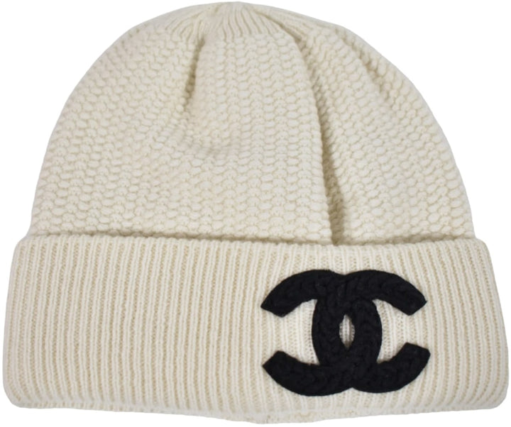 Chanel 'Cream' Cashmere Wool CC Logo Knit Beanie