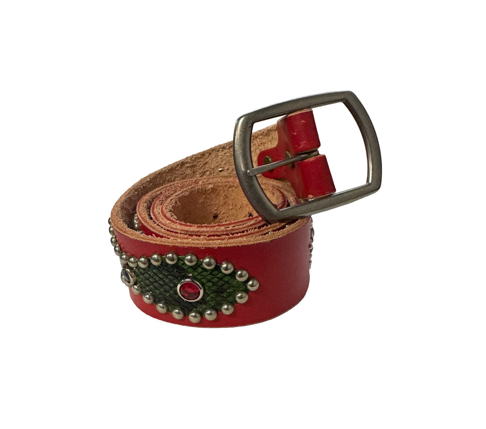 Studded 'Green Snakeskin' Red Belt