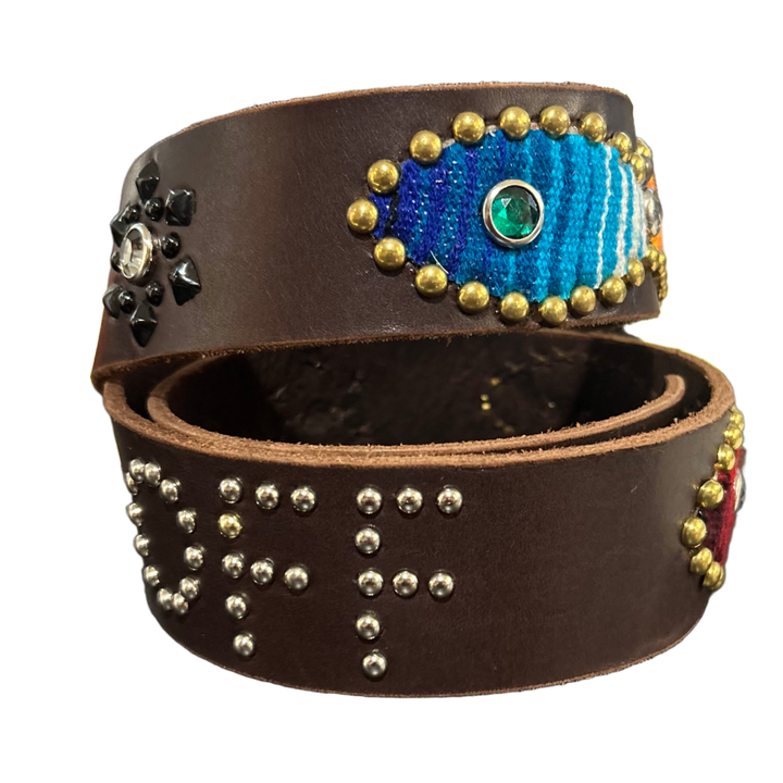 Studded 'Blanket Pattern Green/White Gem' Brown Fuck Off Leather Belt