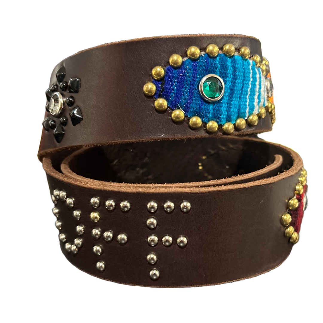 Studded 'Blanket Pattern Green/White Gem' Brown Fuck Off Leather Belt