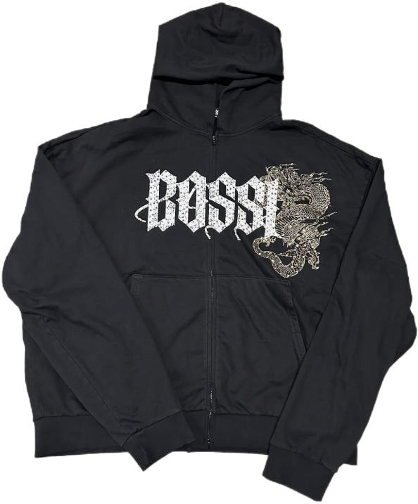 Bossi 'Orange Dragon' Black Rhinestone Zip-Up Hoodie