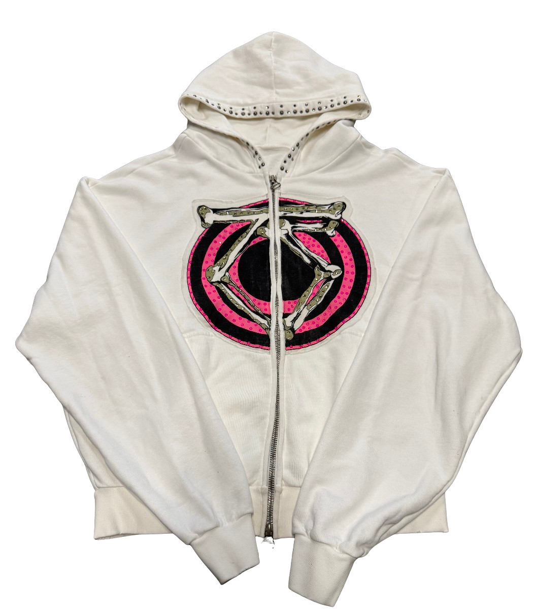 Bossi 'Bones' Rhinestone White Zip Up Hoodie