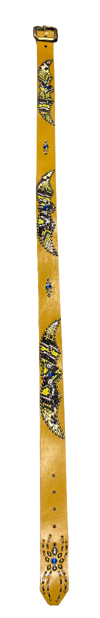 Studded 'Mulitcolor Yellow Snake Print' Spider Gem Tan Leather Belt