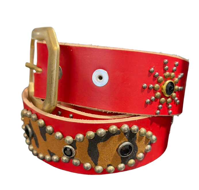 Studded 'Cheetah Leather/Sun Gem' Red Belt