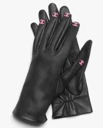 Chanel Black Lambskin Pink CC Embellished Fingertip Gloves