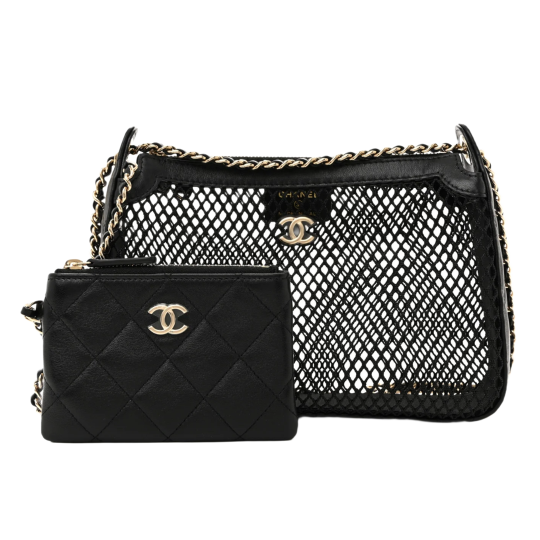 Chanel 25S Mesh Shiny Lambskin Black Clutch With Chain and Wallet
