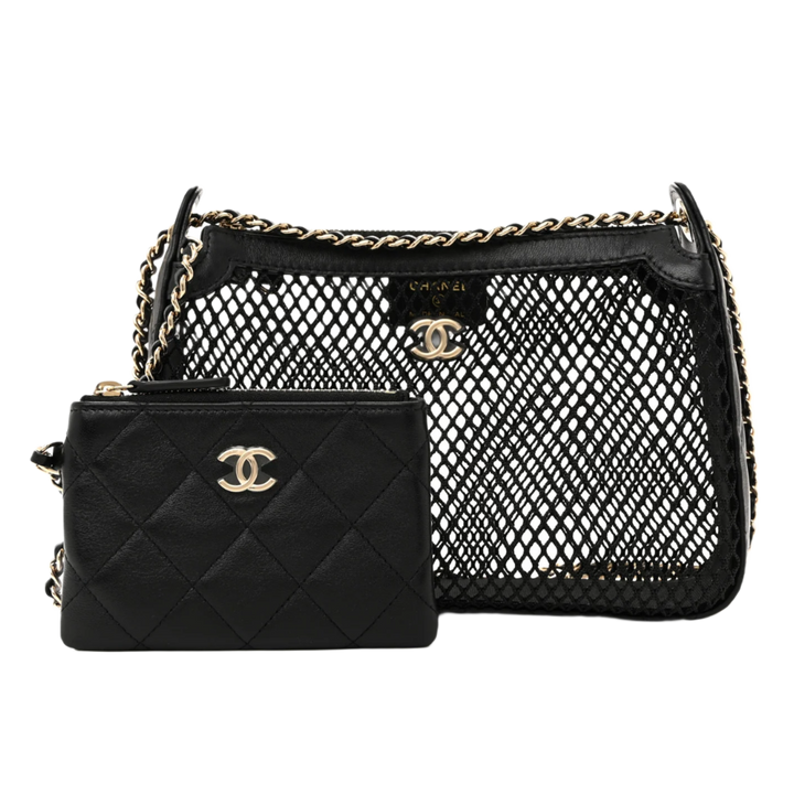 Chanel 25S Mesh Shiny Lambskin Black Clutch With Chain and Wallet
