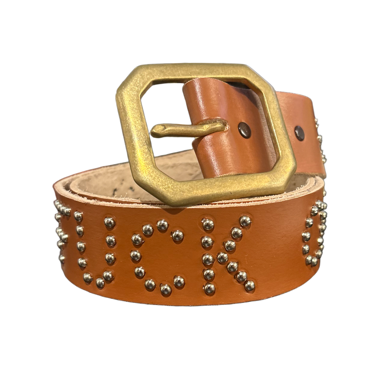 Studded 'Red/Orange Sun' Brown Fuck Off Leather Belt