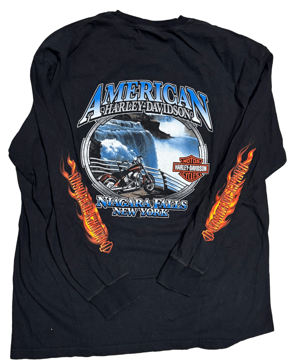 Harley Davidson 'Forged in Steel Niagara Falls NY' Vintage Longsleeve Black Tee