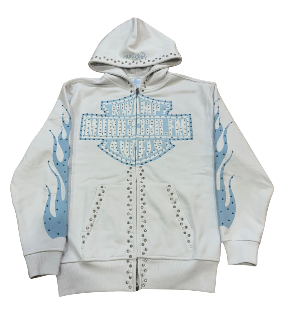 Murd333r.fm 'Chop333r' White Zip Up Hoodie