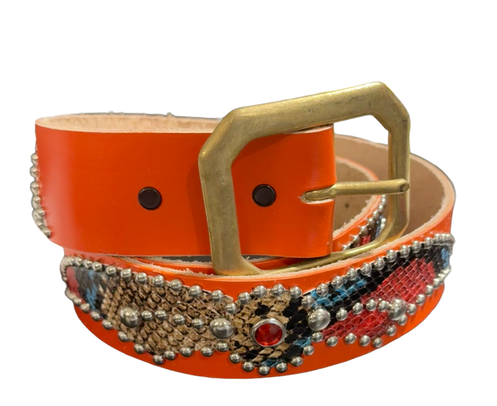 Studded 'Multicolor Wing Snakeskin/ Spider Gem Orange Belt