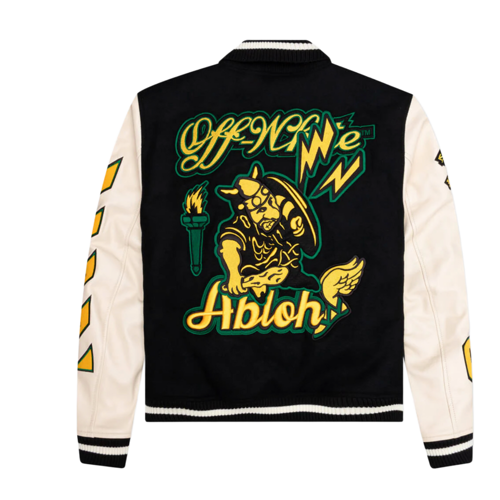 Off White 'Black Yellow Graphic' Varsity Leather Jacket