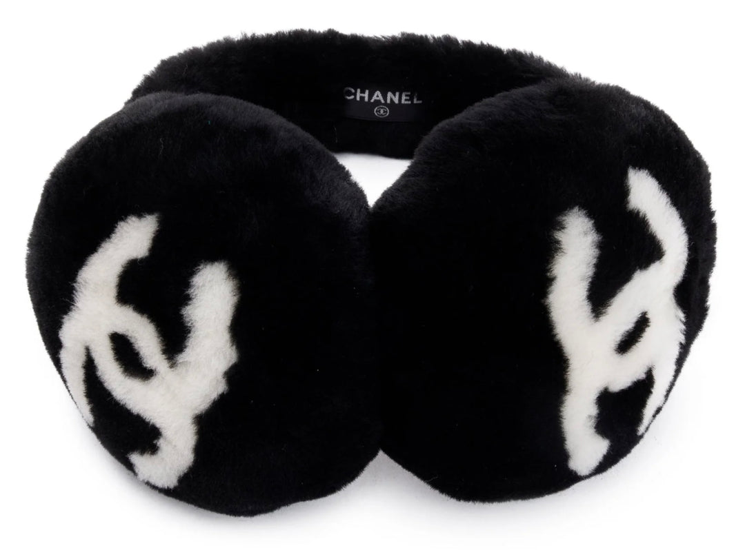 Chanel Black/White Shearling Fur CC Earmuffs
