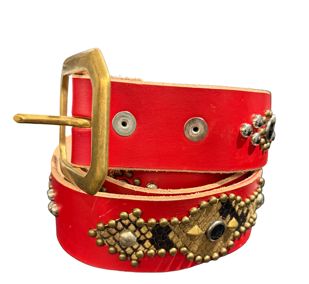Studded 'Snakeskin Arrow Sun Gem' Red Belt