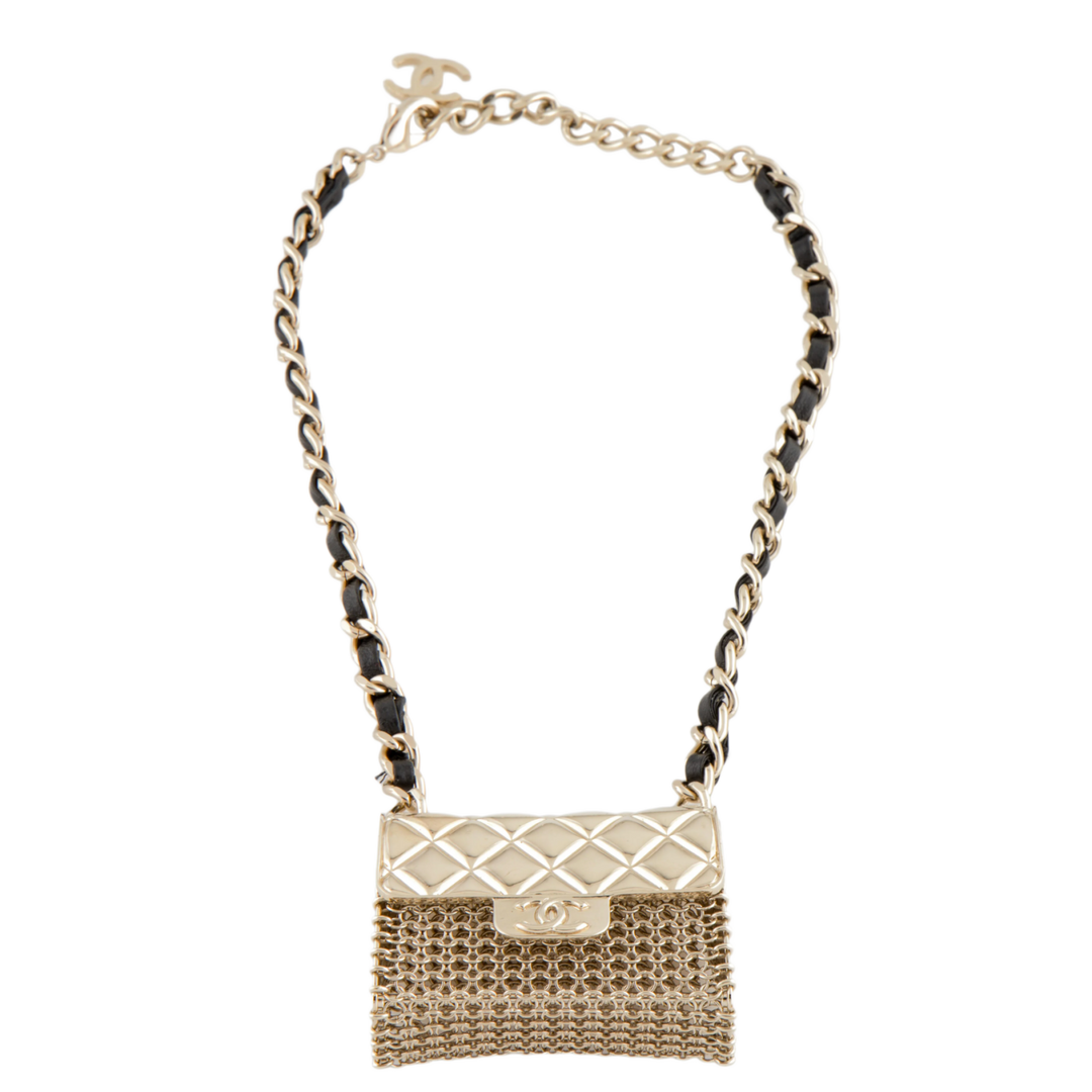 Chanel 'Leather Quilted Bag Pendant' Gold Plated Leather Necklace