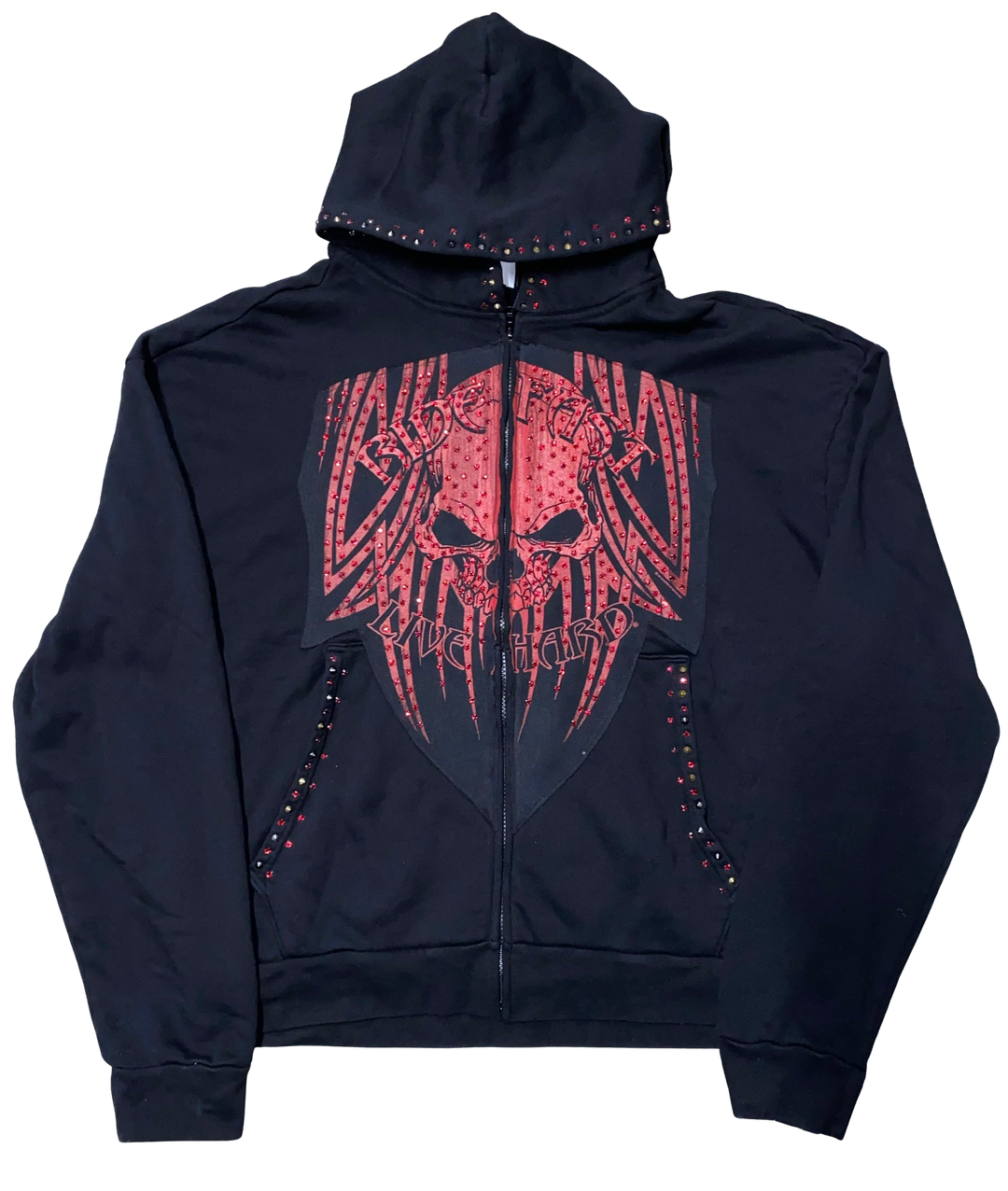 Bossi 'Live Hard' Rhinestone Black Zip Up Hoodie