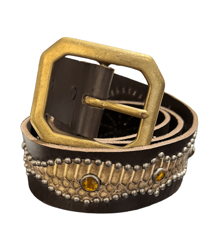 Studded 'Tan Snakeskin Sun Gem' Black Belt