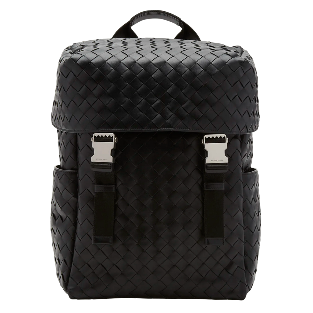 Bottega Veneta 'Black' Intrecciato Leather Flap Backpack