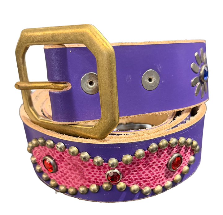 Studded 'Pink Snakeskin/ Blue Sun Gem' Purple Belt