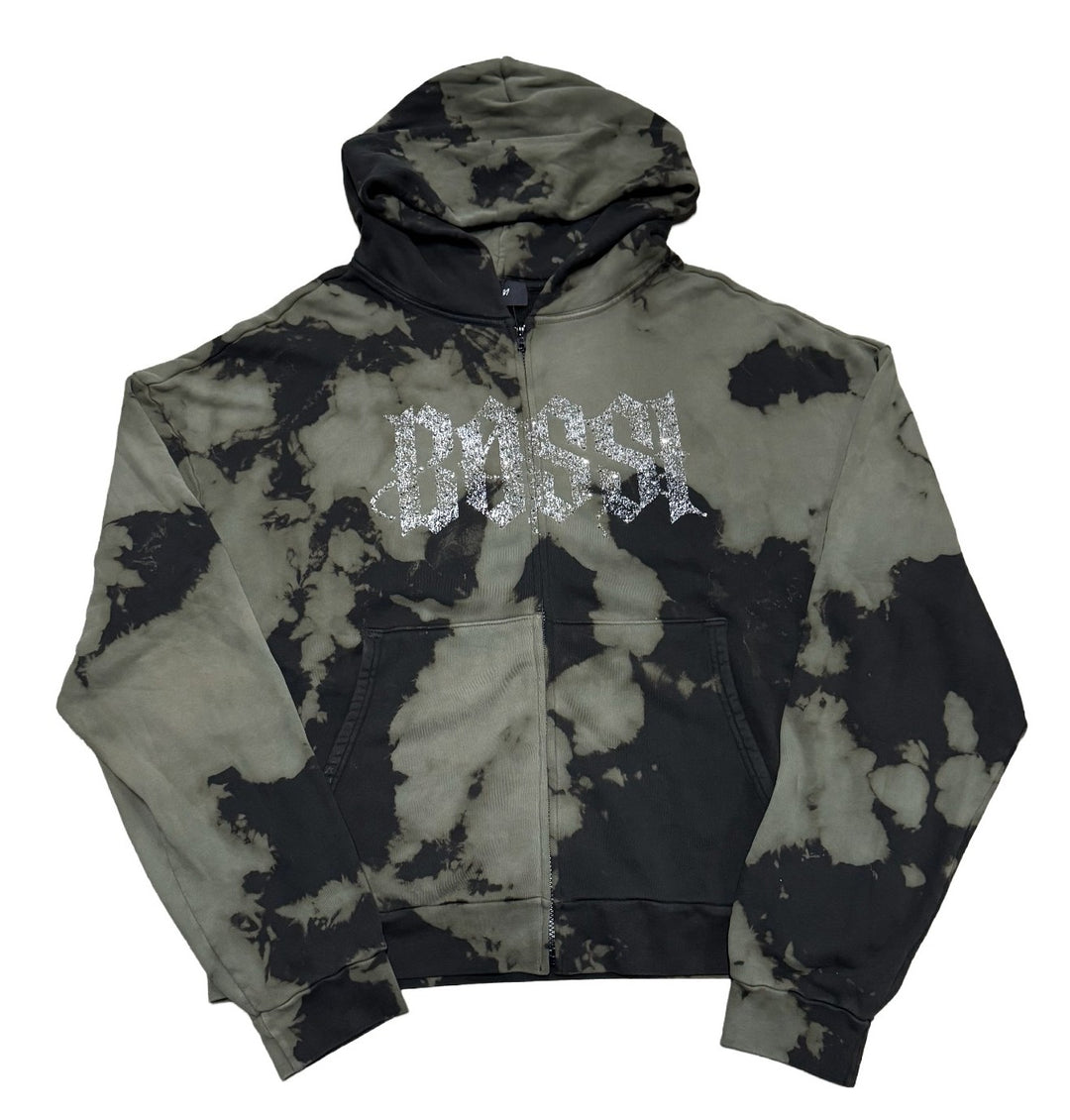 Bossi Bleached Rhinestone Zip Up Hoodie