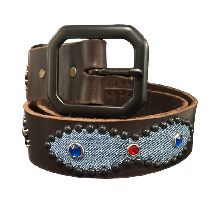 Studded 'Blue/Red Denim' Black Gem Leather Belt