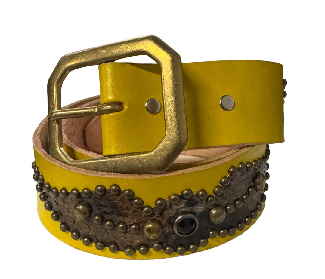 Studded 'Brown Snakeskin' Yellow Belt