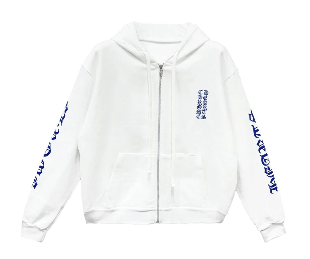 Chrome Hearts 'White/Blue' Vertical Logo Zip Up Hoodie