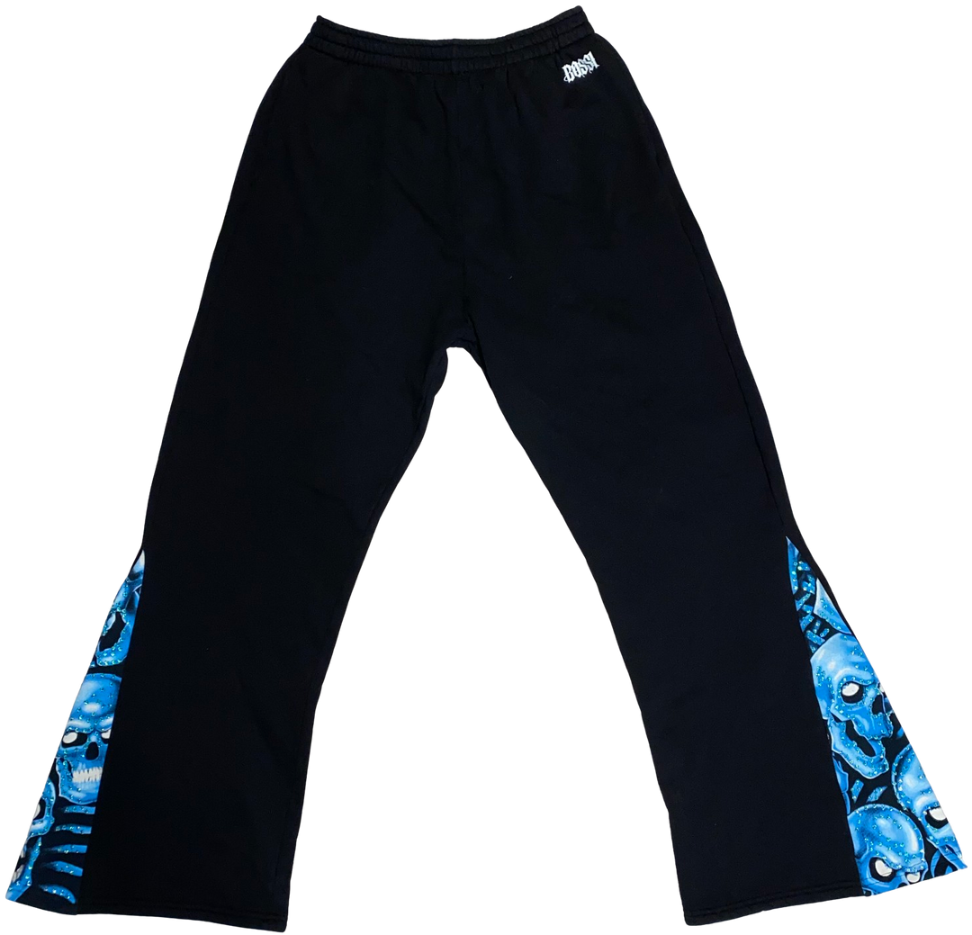 Bossi 'Blue Skulls' Rhinestone Black Flare Sweatpants