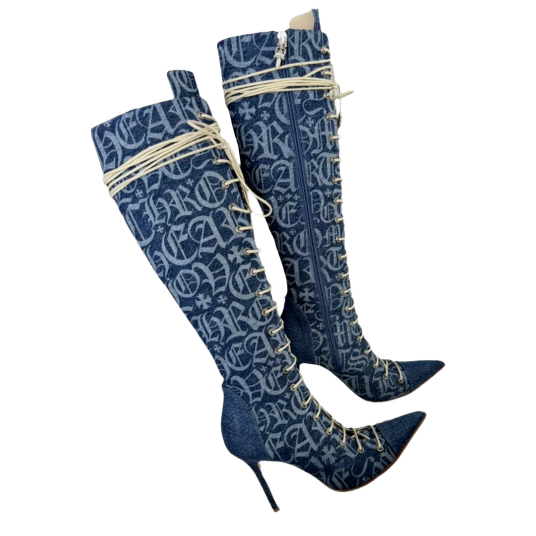 Chrome Hearts 'Denim Monogram' Lace Up Knee Boots