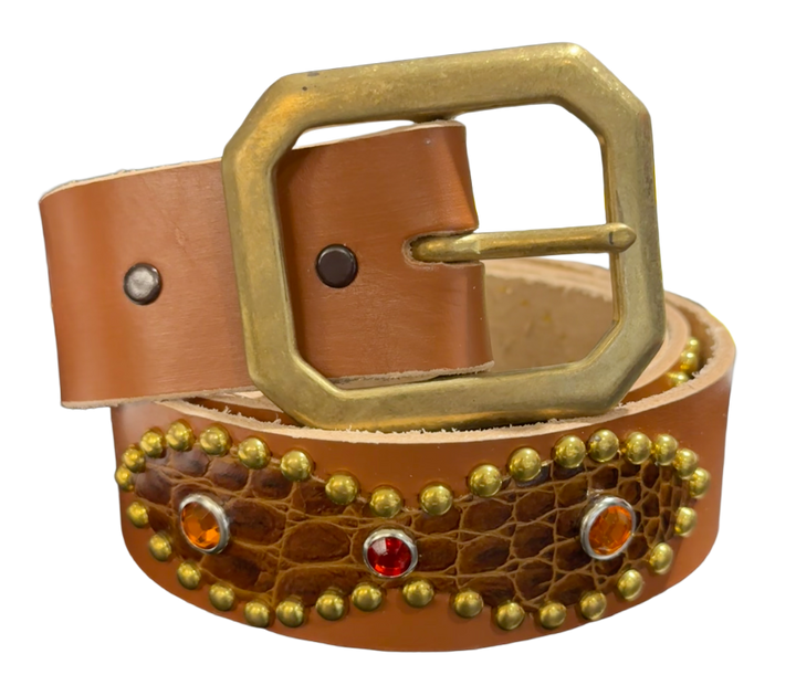 Studded 'Brown Snakeskin/ Sun Gem' Brown Belt