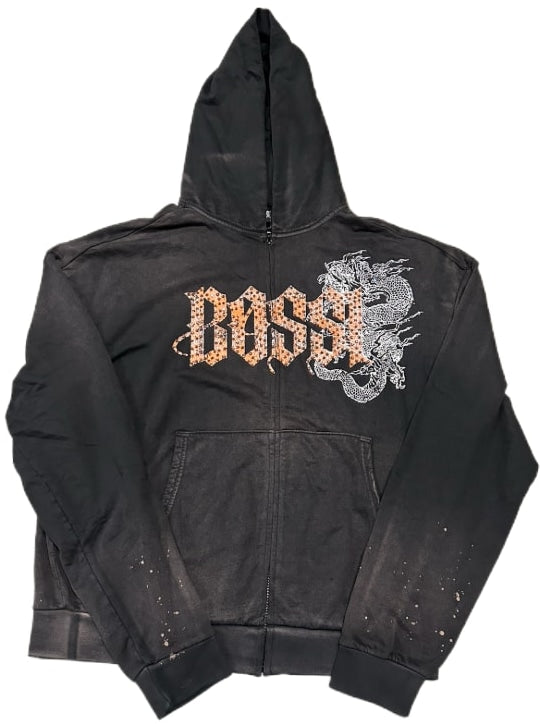 Bossi 'Orange Dragon' Faded Rhinestone Zip-Up Hoodie